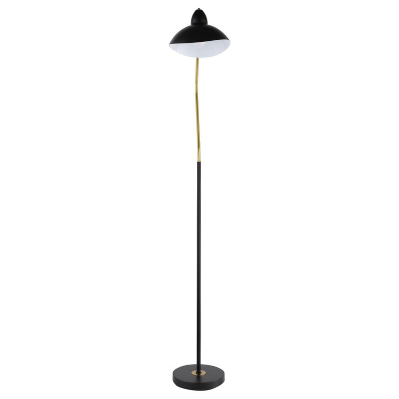 69 Inch Floor Lamp, V Curved Arm, Wavy Edges, Black Metal, Gold, White  - Benzara
