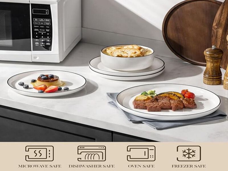 12PCS Porcelain Dinnerware Set for 4, White with Black Rim, Microwave & Dishwasher Safe