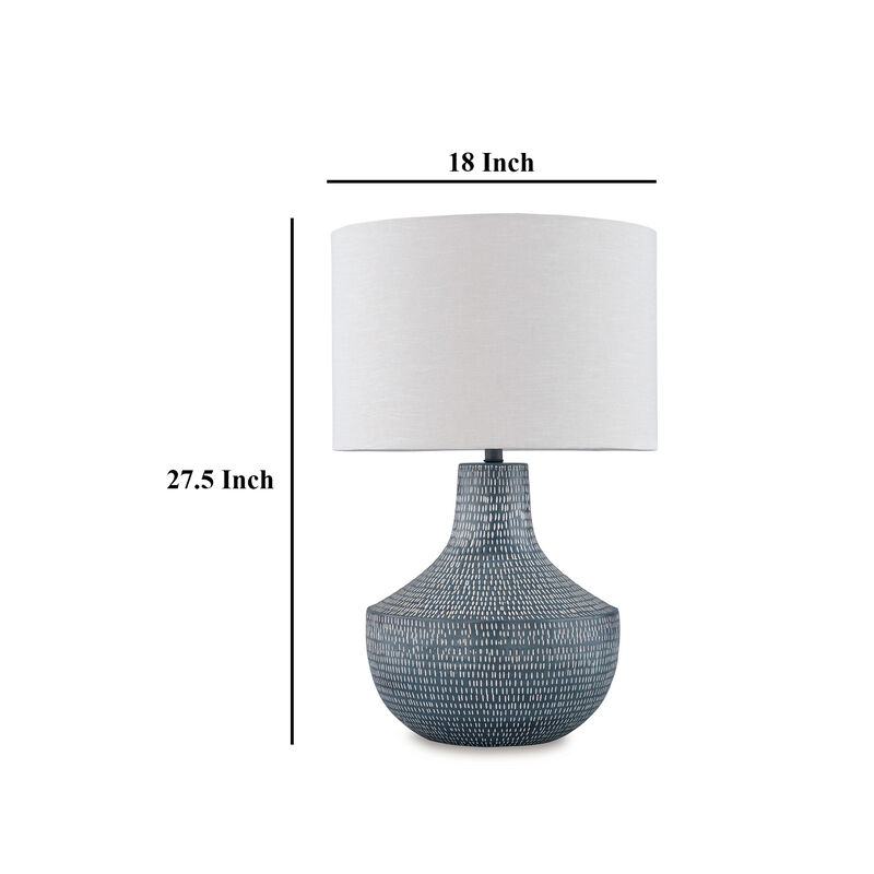 Lym Table Lamp, Gray Hammered Metal Base, White Fabric Shade 28 Inch - Benzara