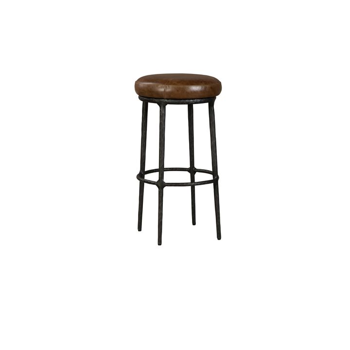 Mey Counter Stool, Brown Leather Round Seat, Black Forged Iron Base - Benzara