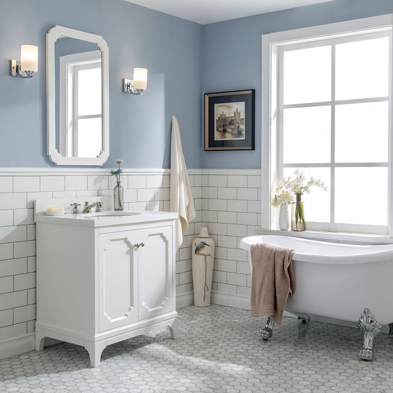 Queen 30 In. Single Sink Sink Carrara Quartz Countertop Bath Vanity in Pure White with Polished Nickel (PVD) Hardware