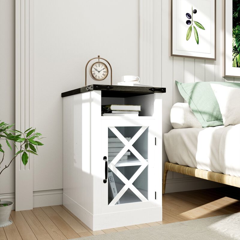 Farmhouse End Table with Charging Station, 15.4'' Rustic Nightstand with Barn Door & Adjustable Shelf, Wooden Sofa Side Table with 3-Tier Storage for Living Room, Bedroom, White