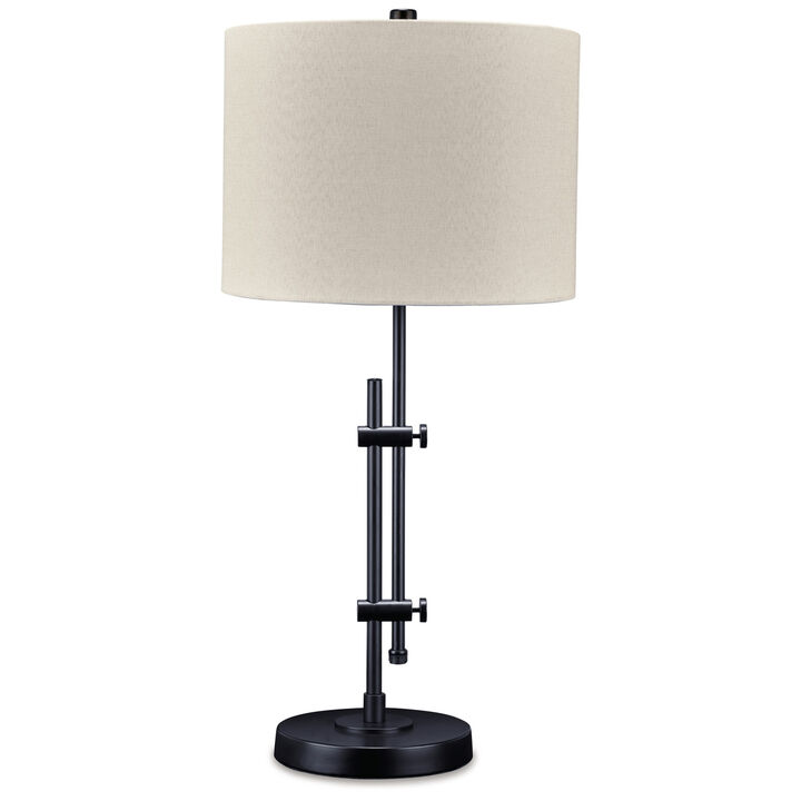Mney Table Lamp, Adjustable Arm, White Drum Shade, 28 Inch Black Metal - Benzara