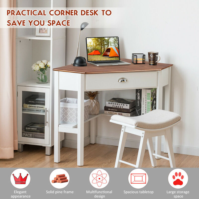 Costway Triangle Computer Desk Corner Office Desk Laptop Table w/ Drawer Shelves Rustic Natural &White