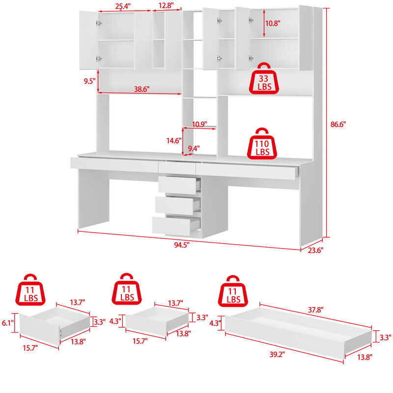 94.5 in. W Large 2-in-1 Wood Double Computer Desk White Writing Desk with 86.6" Tall Bookshelf, Drawers for Home Office