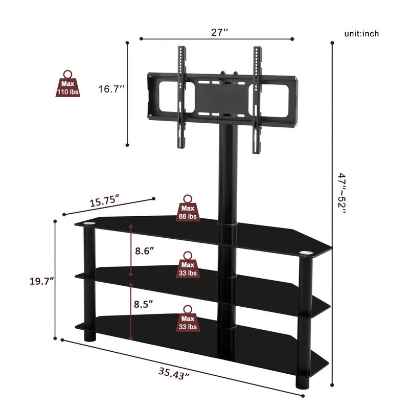35.4 Inch Black Multi-Function TV Stand Height Adjustable Bracket Swivel 3-Tier