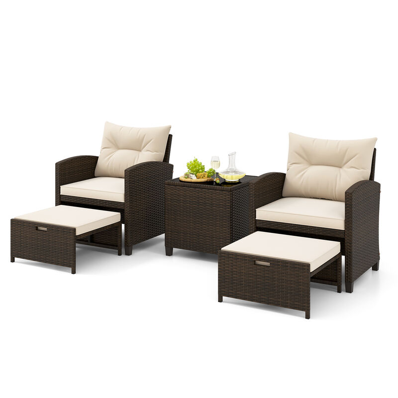 5 Pieces Patio Rattan Furniture with 2 Ottomans and Tempered Glass Coffee Table
