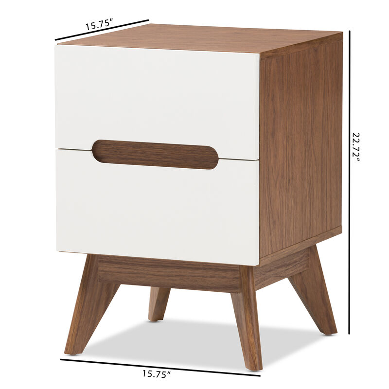 Baxton Studio Calypso Mid Century Modern White And Walnut Wood 2 Drawer Storage Nightstand