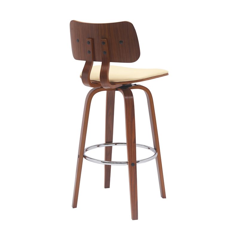 Pino 30 Inch Swivel Barstool Chair, Cream Faux Leather, Walnut Brown Wood - Benzara