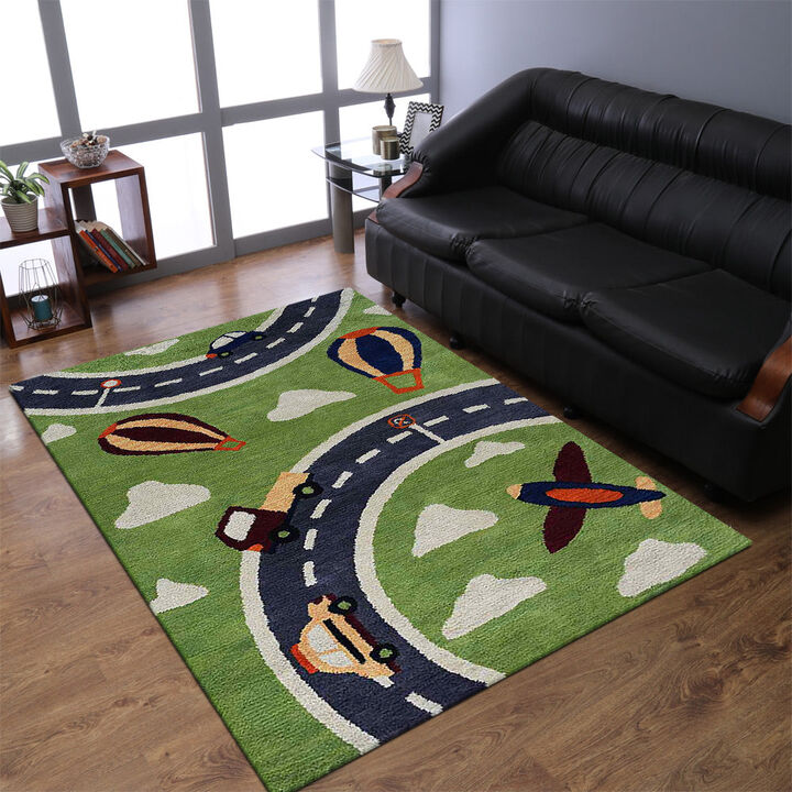 RUGSOTIC CARPETS HAND TUFTED WOOL ECO-FRIENDLY AREA RUGS  - 5'x8', Rectangle Shape, Green, Kids Design, High Pile Thick Handmade Anti Skid Area Rugs for Living Room, Bed Room (K03007)
