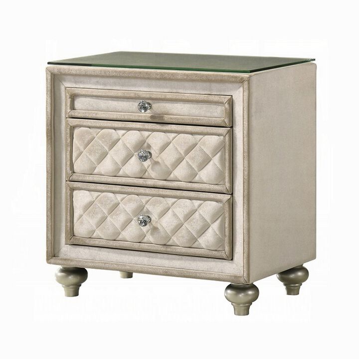 Willa Nightstand, 2 Drawers, Pull Out Tray, 27 Inch Wood, Beige Velvet - Benzara
