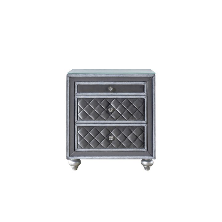 Yin 30 Inch 3 Drawer Nightstand, Glass Top, Crystal Knobs, Gray Velvet-Benzara