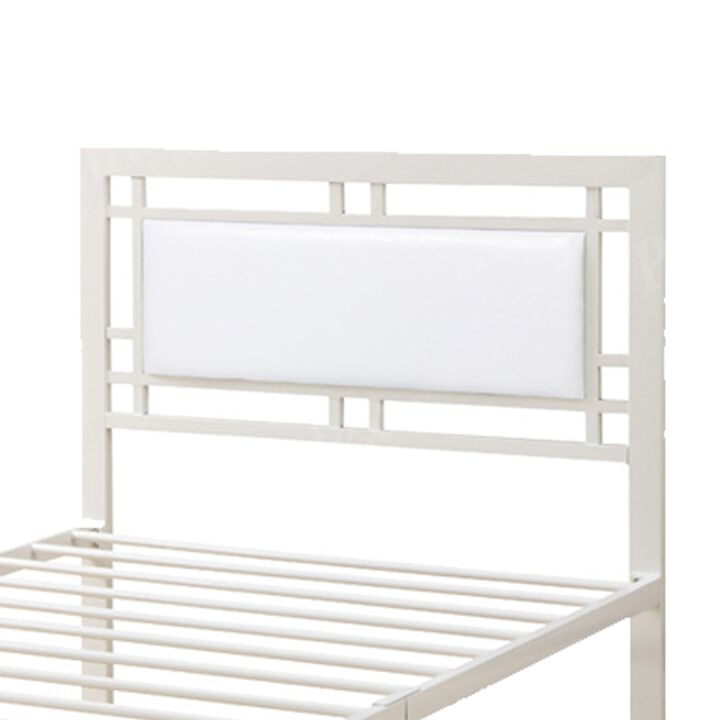 Metal Frame Twin Bed With Leather Upholstered Headboard White