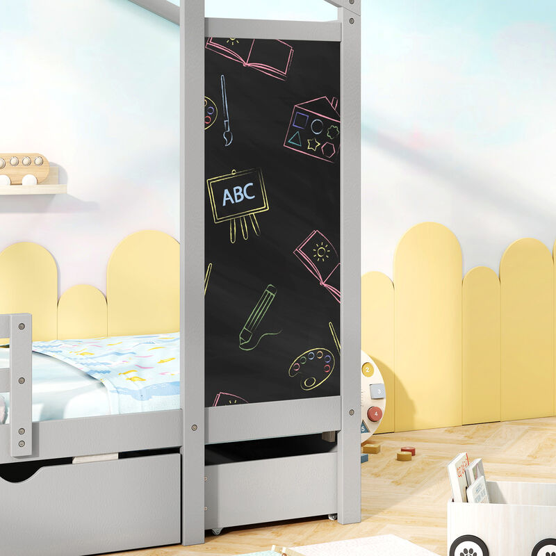 Kids Bed with 2 Drawers Solid Wood Bed with Blackboard
