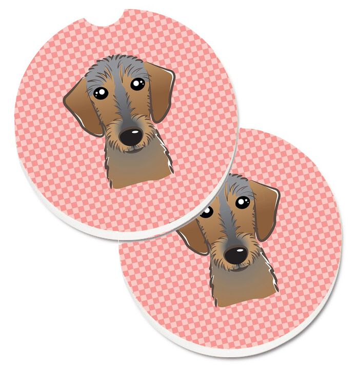 Caroline's Treasures Checkerboard Pink Wirehaired Dachshund Set of 2 Cup Holder Car Coasters BB1233CARC, 2.56, Multicolor