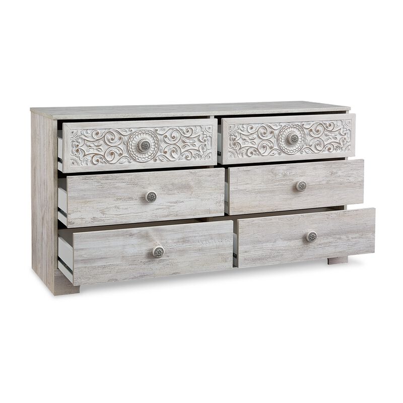 59 Inch Dresser, 6 Drawers, Medallion Design Front, Whitewashed MDF Frame-Benzara