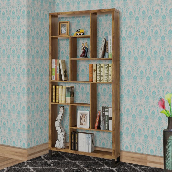 Metal and Wood Modern Style Bookcase with Multiple Shelves, Brown-Benzara