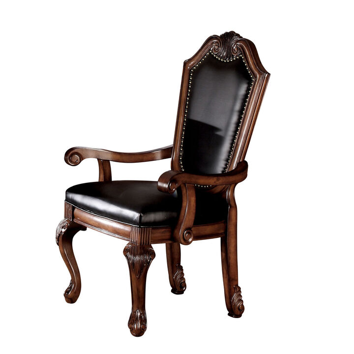 Loki 28 Inch Dining Armchair, Nailhead Trim, Faux Leather, Set of 2, Brown-Benzara