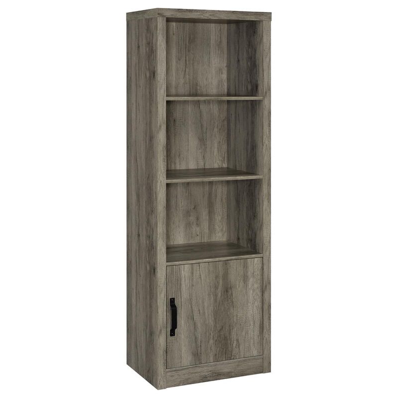 Sac 71 Inch Media Pier Tower with 3 Shelves and Single Cabinet, Gray Wood - Benzara