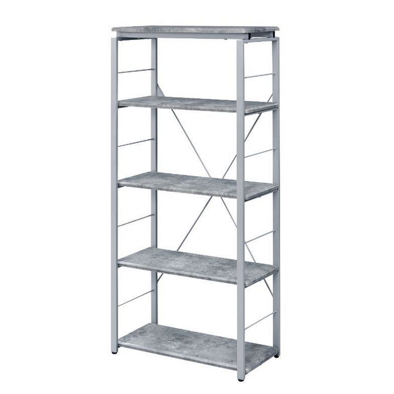 Industrial Bookshelf with 4 Shelves and Open Metal Frame, Silver and Gray-Benzara