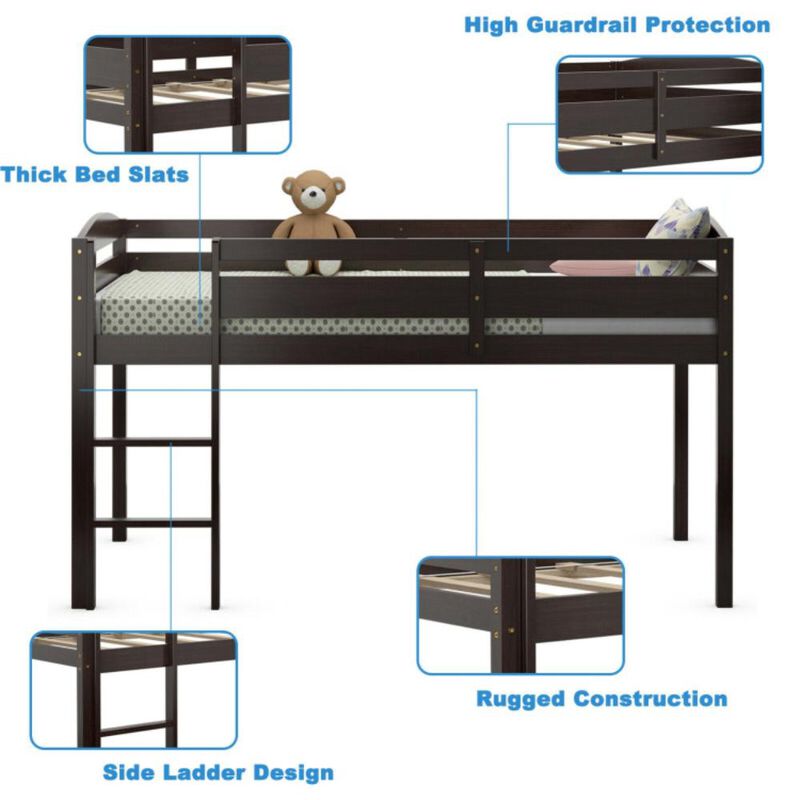 Hivvago Wooden Twin Low Loft Bunk Bed with Guard Rail and Ladder