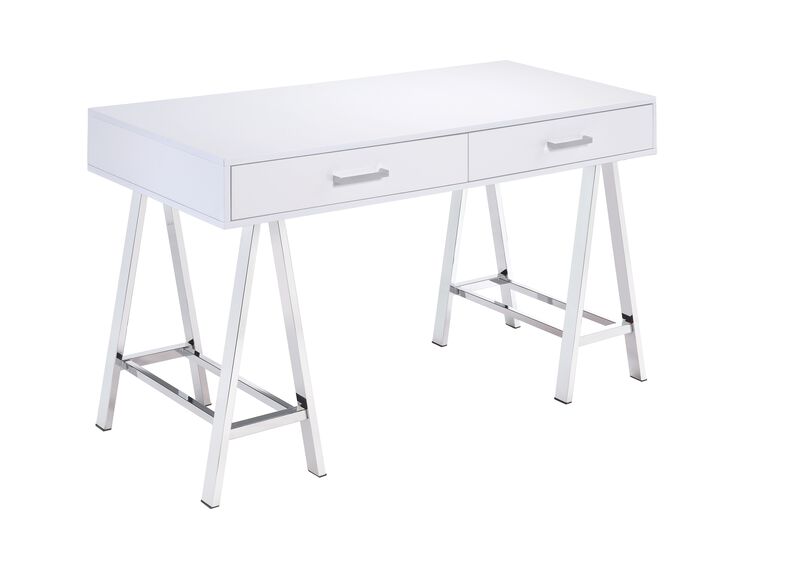 ACME Coleen Writing Desk w/USB, White High Gloss & Chrome Finish