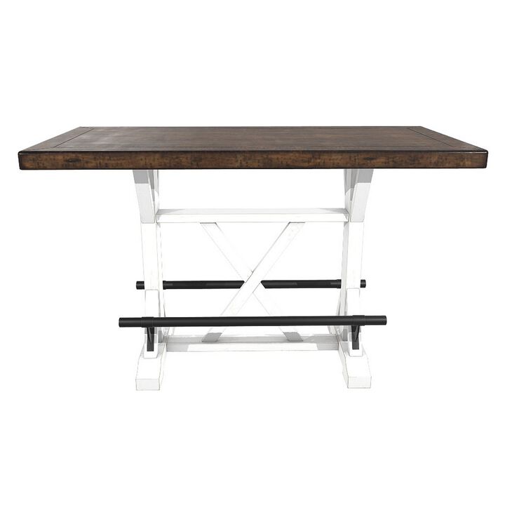 Becy Counter Height Dining Table, 60 Inch, White and Brown Pine Wood - Benzara