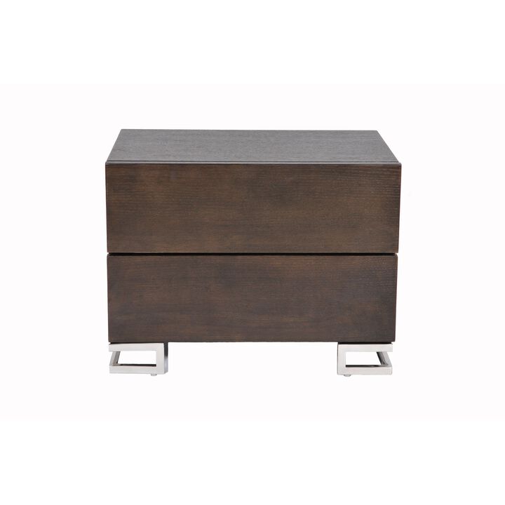 Sam 20 Inch Nightstand, 2 Drawers, Espresso Brown, High Polished Metal Legs - Benzara