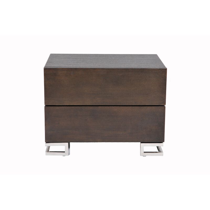 Sam 20 Inch Nightstand, 2 Drawers, Espresso Brown, High Polished Metal Legs - Benzara
