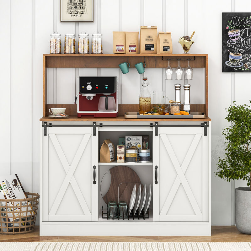 Farmhouse Coffee Bar Cabinet with Charging Station and Sliding Barn Doors