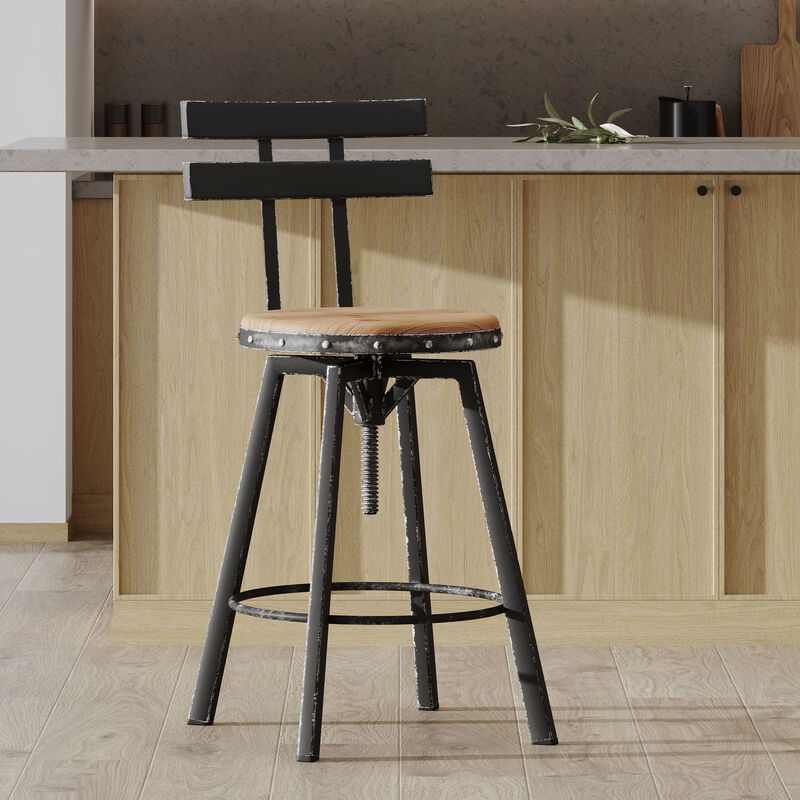 Antique Firwood and Metal Barstool with Smooth Seat Backing