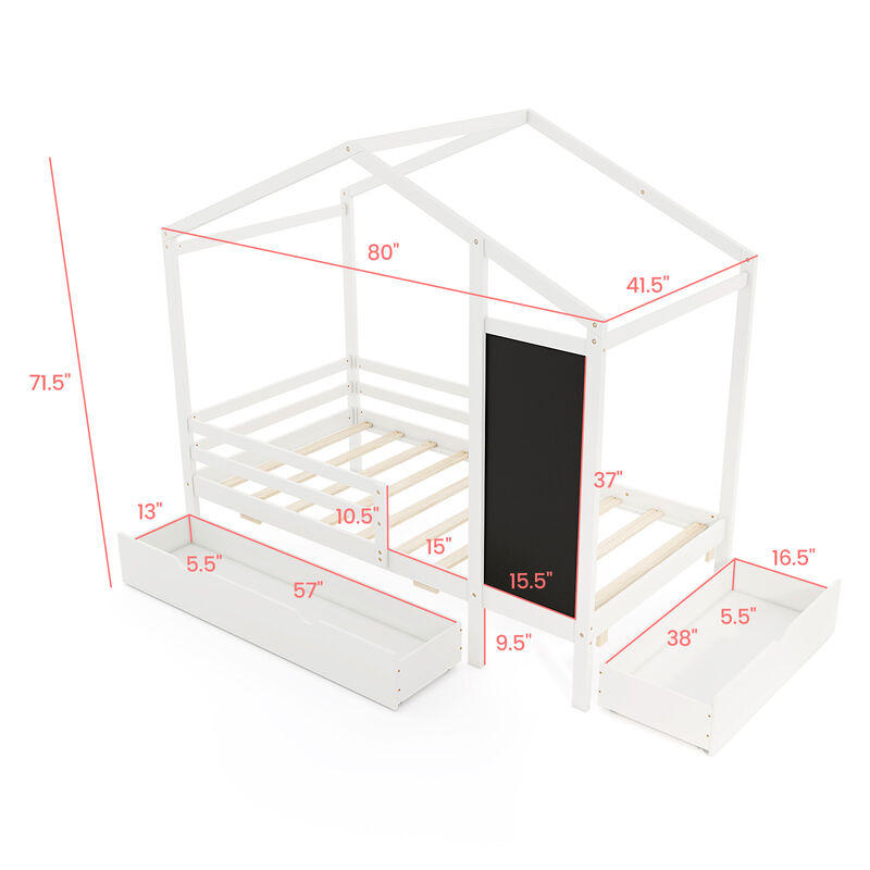 Kids Bed with 2 Drawers Solid Wood Bed with Blackboard