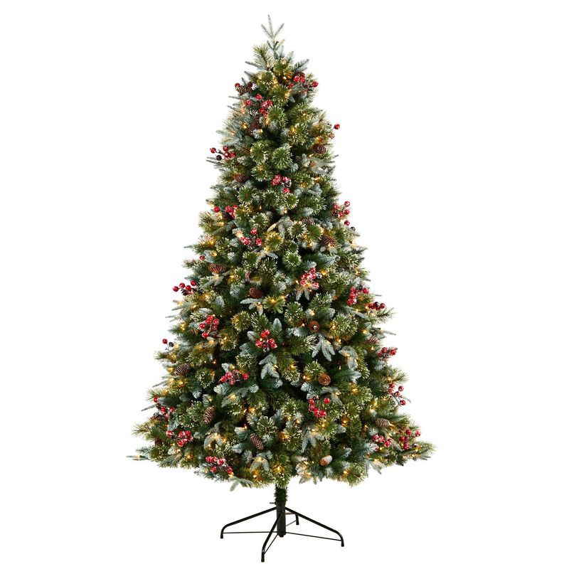 Nearly Natural 7.5-ft Snow Tipped Aspen Spruce Pre-Lit Artificial Christmas Tree with 450 LED lights, Berries, Pinecones and 1528 Bendable Branches