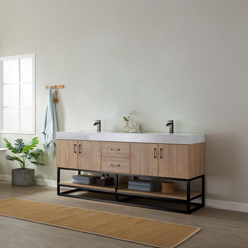Vinnova Design 72B Double Vanity with White Grain Stone Countertop Without Mirror
