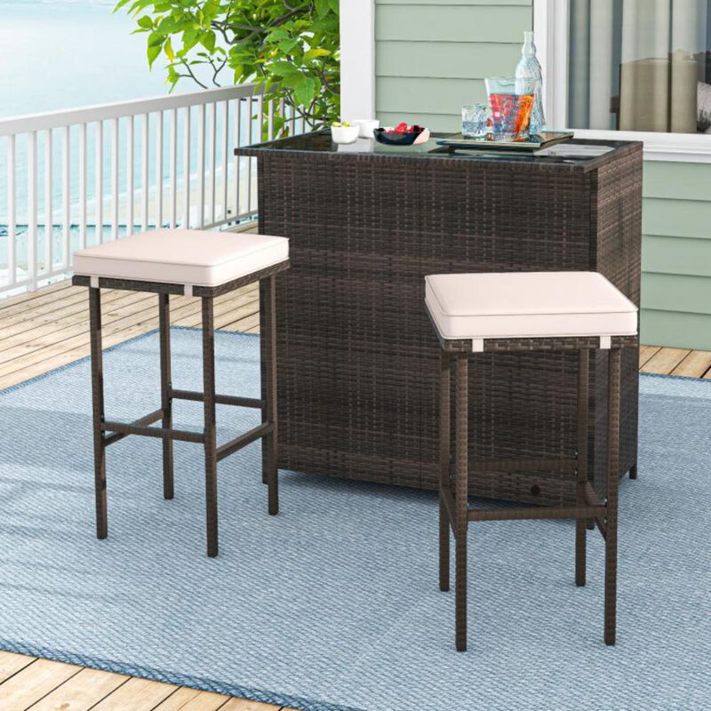 Hivvago 3 Pcs Patio Bar Set with Tempered Glass Tabletop