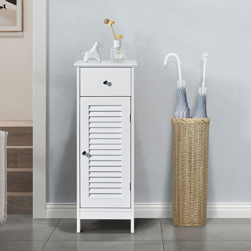 Costway Bathroom Floor Storage Cabinet Side Wooden Organizer w/ Drawer & Shutter Door