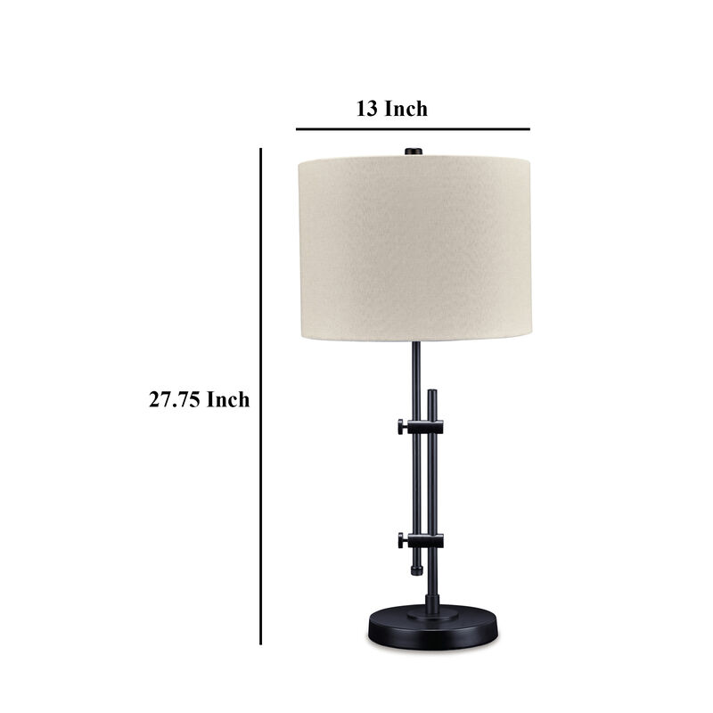 Mney Table Lamp, Adjustable Arm, White Drum Shade, 28 Inch Black Metal - Benzara