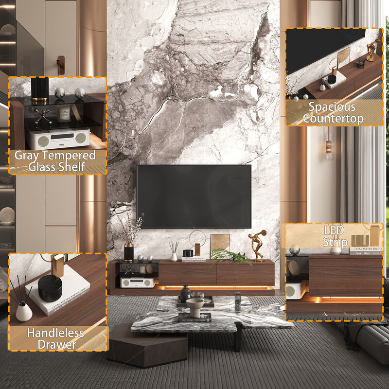 FUFU&GAGA Wood Veneer Glass TV Cabinet, MDF with Gray Tempered Glass, LED Strip Design, Modern Minimalist Style, (89.4 " W x 15.7" D x17.3" H), Walnut