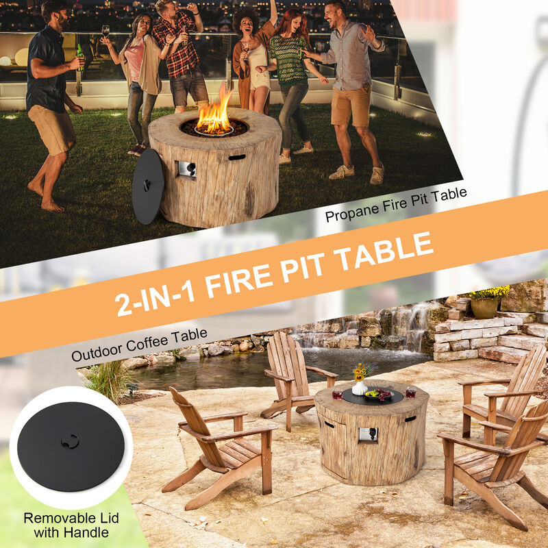 40 Inch Round Propane Gas Fire Pit Table Wood-Like Surface with Laval Rock PVC Cover