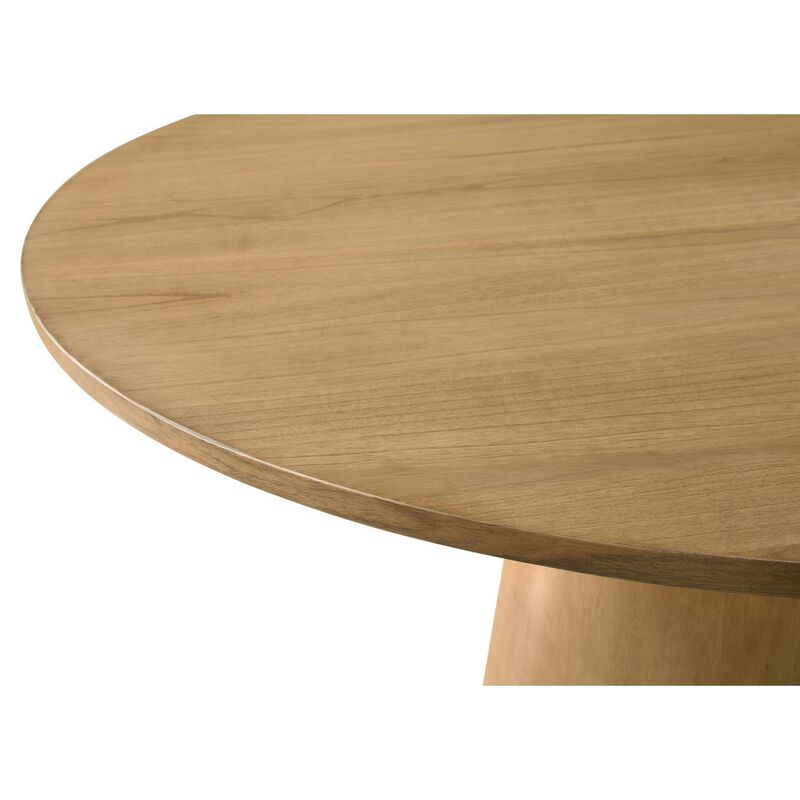 Yuvi 47 Inch Dining Table, Round Tabletop, Pedestal Base, Brown Finish - Benzara