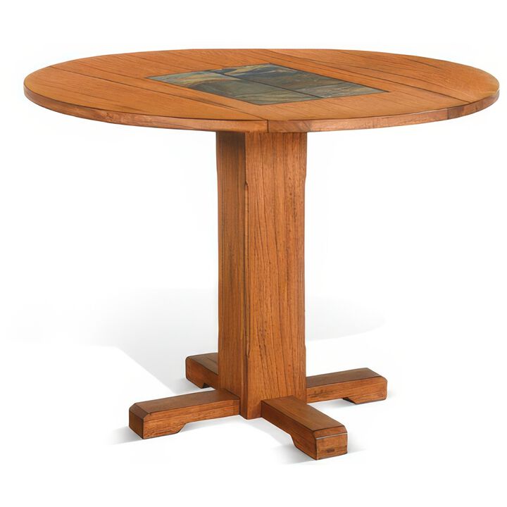 Marv Dining Table w 2 Drop Leaves, 40 Inch Round Top, Brown Wood - Benzara