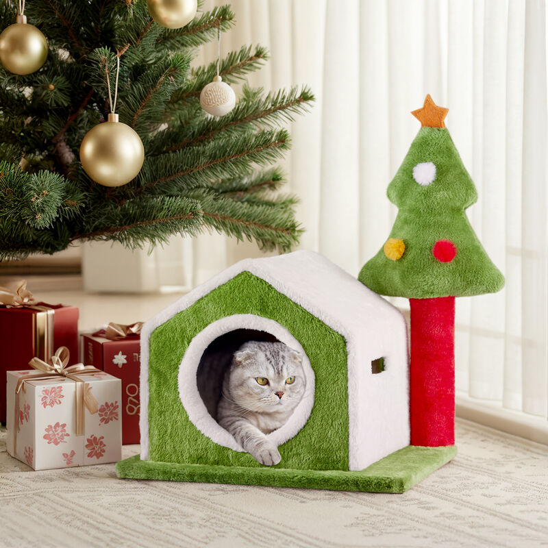 Festive Christmas Cat Cave Bed, Soft Plush Hideout Nest for Indoor Cats & Small Pets