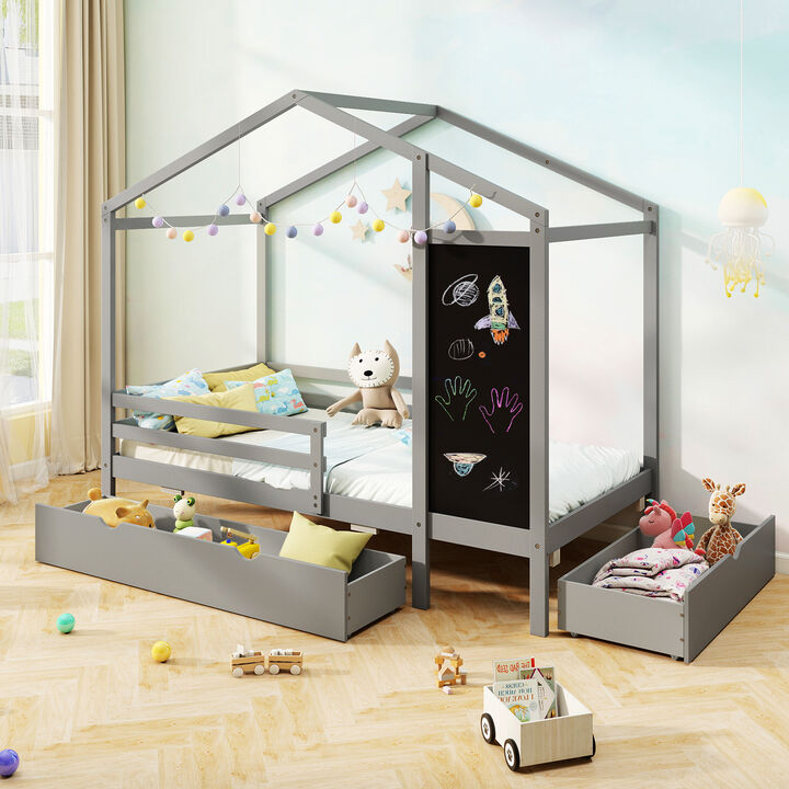 Kids Bed with 2 Drawers Solid Wood Bed with Blackboard