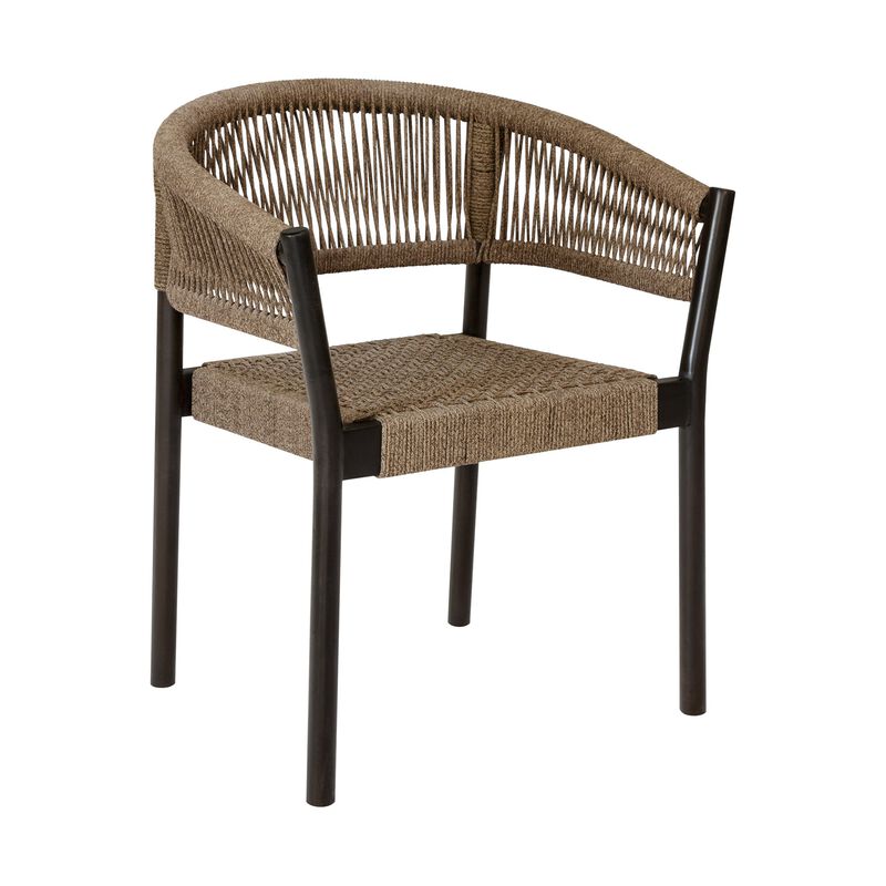 Roi Patio Dining Chair Set of 2, Truffle Rope Woven, Dark Eucalyptus Wood - Benzara