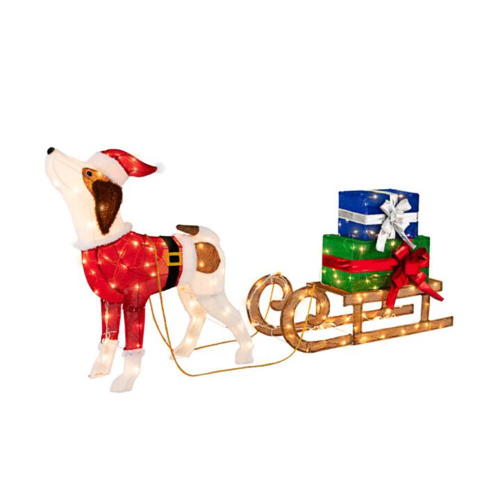 Hivvago Outdoor Pre-lit Xmas Dog and Sleigh with 170 Warm Bright Lights for Porch