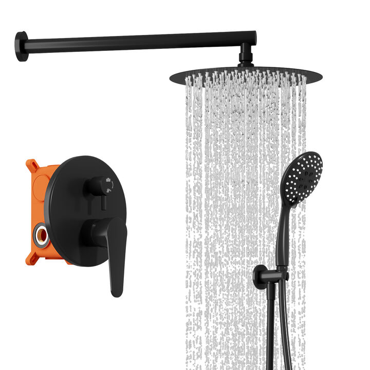 5-Spray Patterns with 2.5 GPM 10 in. Wall Mount Dual Shower Heads Hand Shower Faucets with Valve in Matte Black