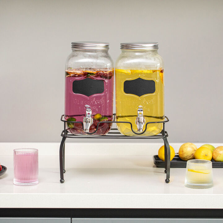 Basicwise 2-Pcs Glass Drink Dispenser Set with Metal Stand, Stainless Steel Spigots and Chalkboard Signs - Ideal for Serving Beverages, Water, Lemonade and Juice at Picnics, Camping Trips and Parties