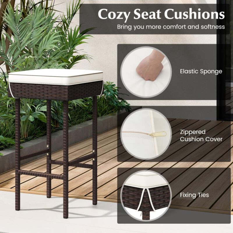Hivvago Patio Rattan Barstools Set of 2/4 with Footrest and Soft Cushions for Backyard Balcony