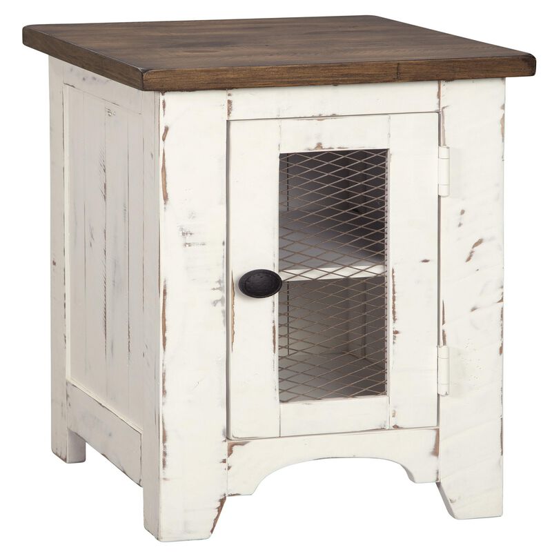 Two Tone Chair Side End Table with Wire Metal Grill Cabinet,Brown and White-Benzara