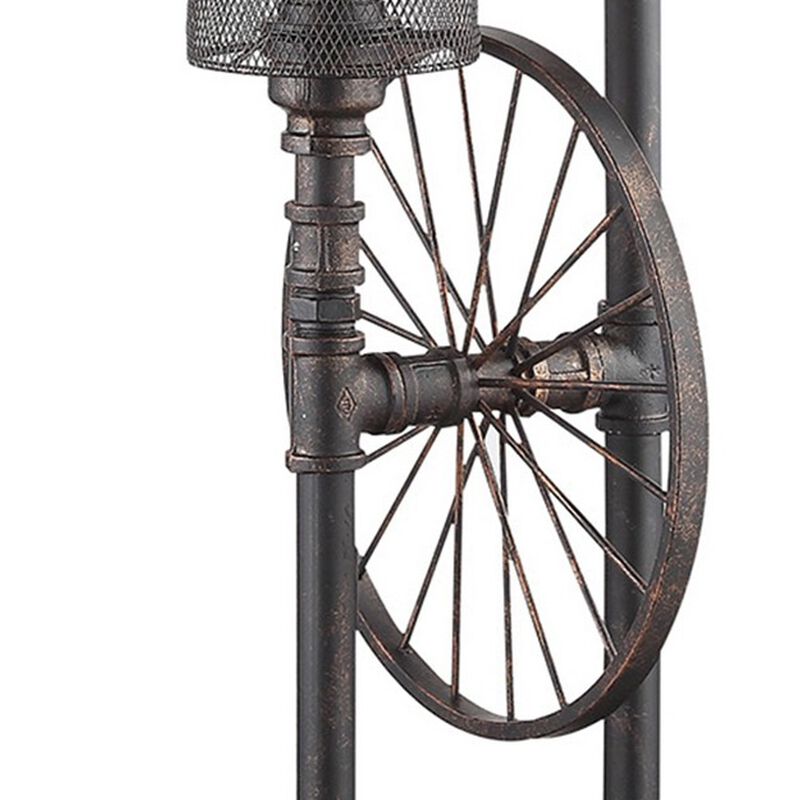 34 Inch Table Lamp, Drum Mesh Shade, Metal Base, Rustic Bronze Finish-Benzara